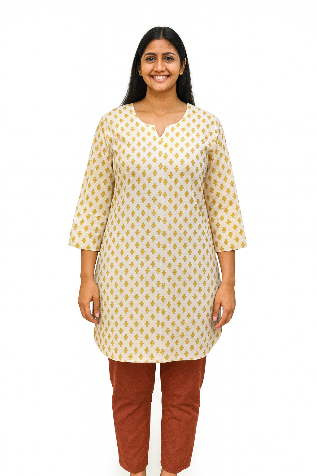 Cotton Short Top - Tiny Floral Buti Print - Ivory - 205S12