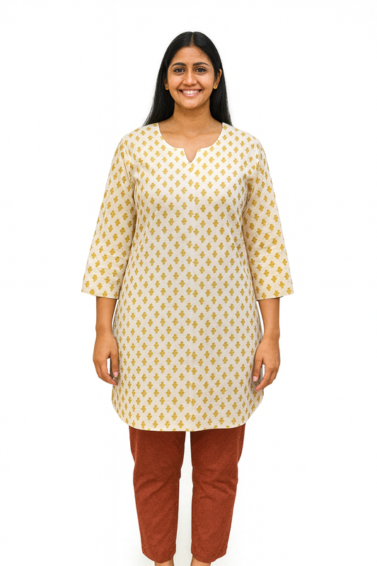 Cotton Short Top - Tiny Floral Buti Print - Ivory - 205S12