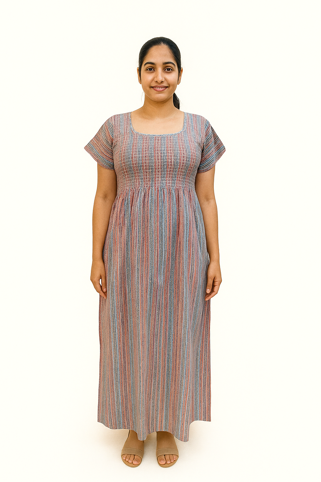 Smocking Frock Pattern - Minimalist Straight Line - Cotton (Light Brown/Blue) - 601-E