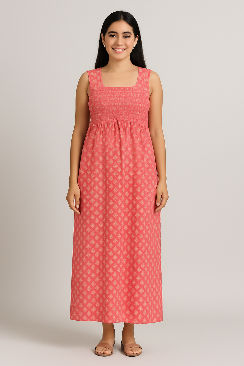 Smocking Sleeveless Gown Motif Print – Pink - 601B