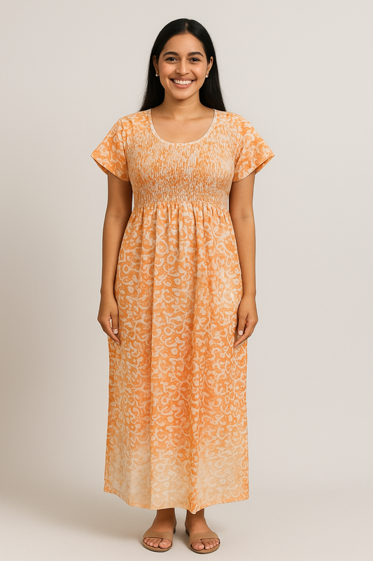 Smocking Gown – Frock Pattern, Batic Print– Golden Yellow - 601E