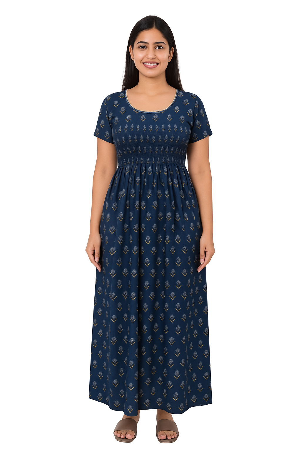 Smocking Gown – Frock Pattern, Motif Floral Print – Navy Blue - 601E
