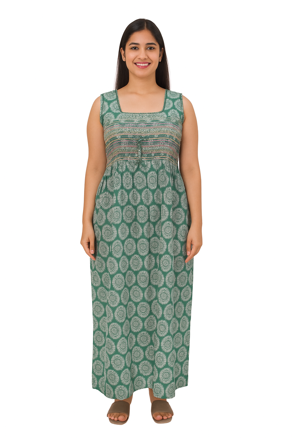 Smocking Gown – Sleeveless, Geometrical Print – Green, Mustard, Blue & Pink - 601B