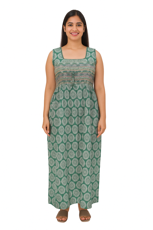 Smocking Gown – Sleeveless, Geometrical Print – Green, Mustard, Blue & Pink - 601B