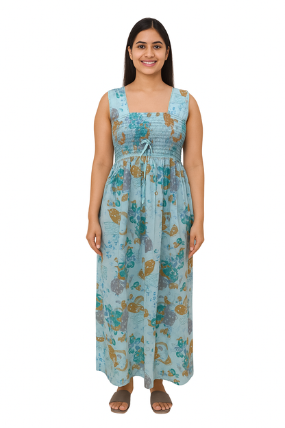 Smocking Gown – Sleeveless, Big Floral Print – Pista & Pink - 601-B