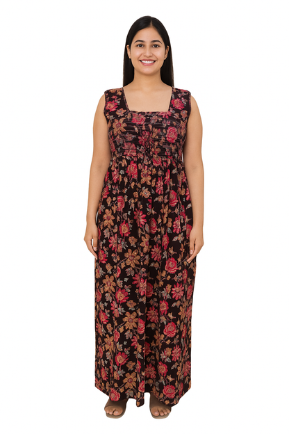 Smocking Gown – Sleeveless, Kalamkari Big Floral Print  – Brown & Mustard - 601 - B