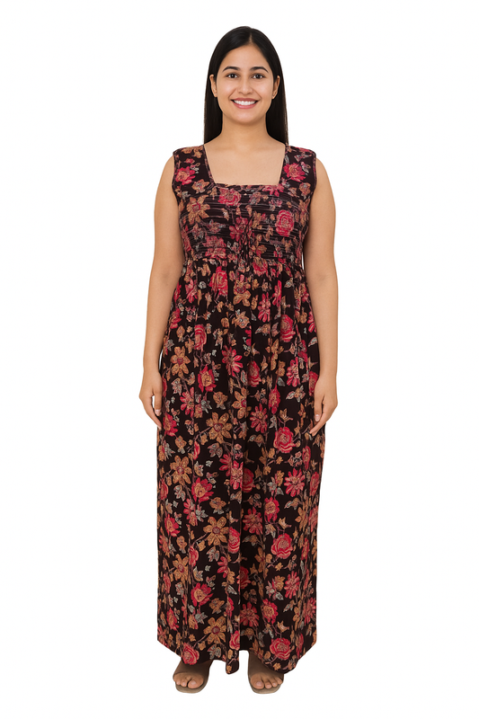 Smocking Gown – Sleeveless, Kalamkari Big Floral Print  – Brown & Mustard - 601 - B
