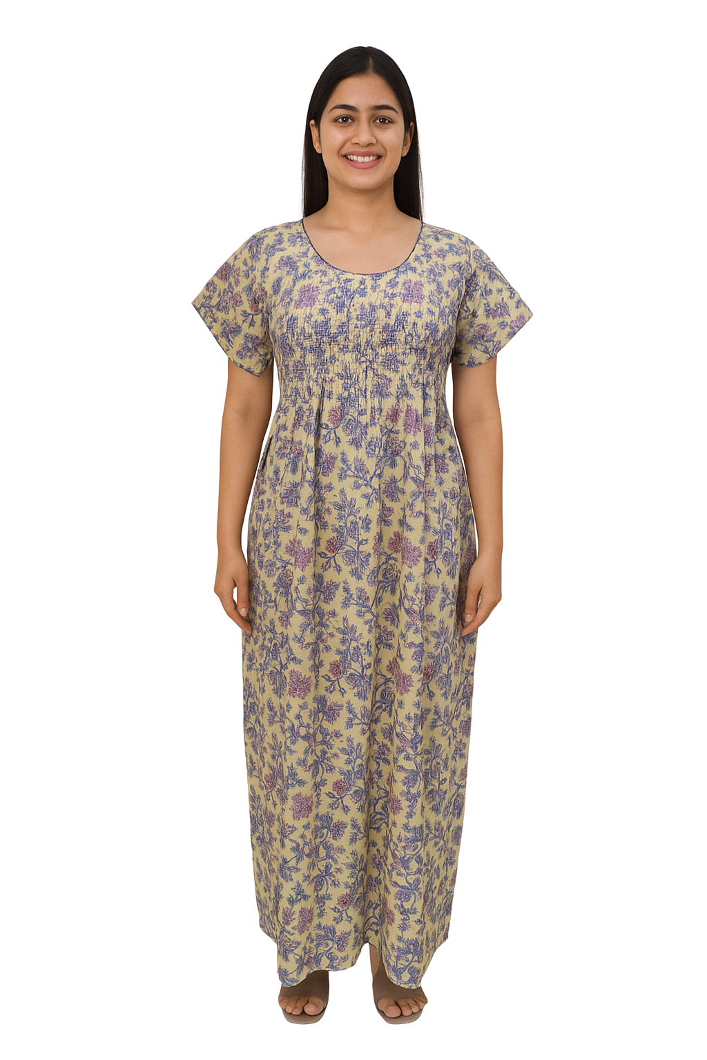 Smocking Gown – Frock Pattern, Kalamkari Print – Beige & Light Blue - 601 - E