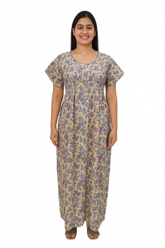 Smocking Gown – Frock Pattern, Kalamkari Print – Beige & Light Blue - 601 - E