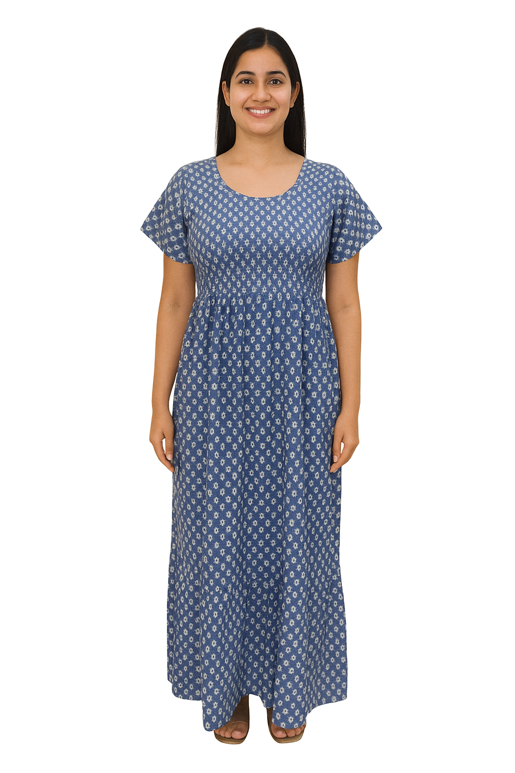 Smocking Gown – Frock Pattern, Small Motif Print (100% Cotton) – Blue, Lemon Green, & Sea Green - 601 - E