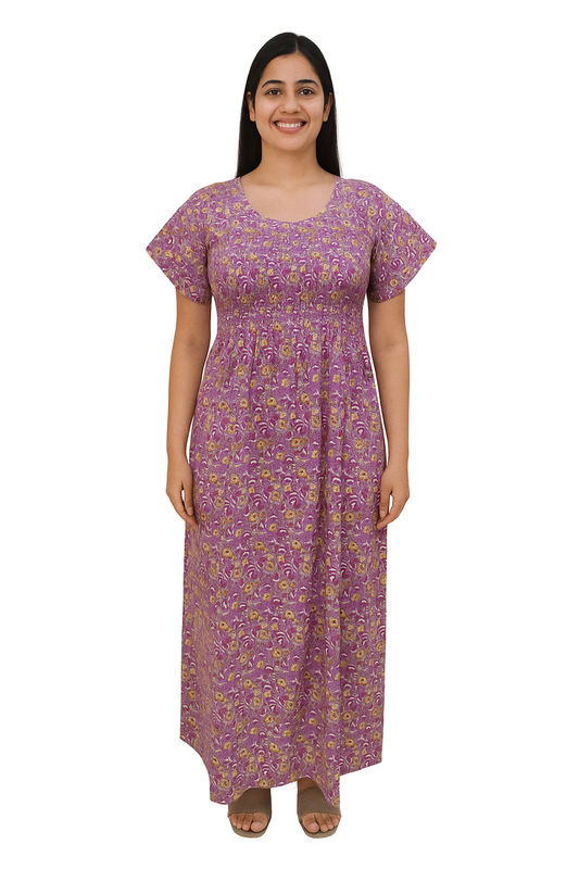 Smocking Gown – Frock Pattern, Vel Floral Print – Voilet, Green & Mustard - 601 - E