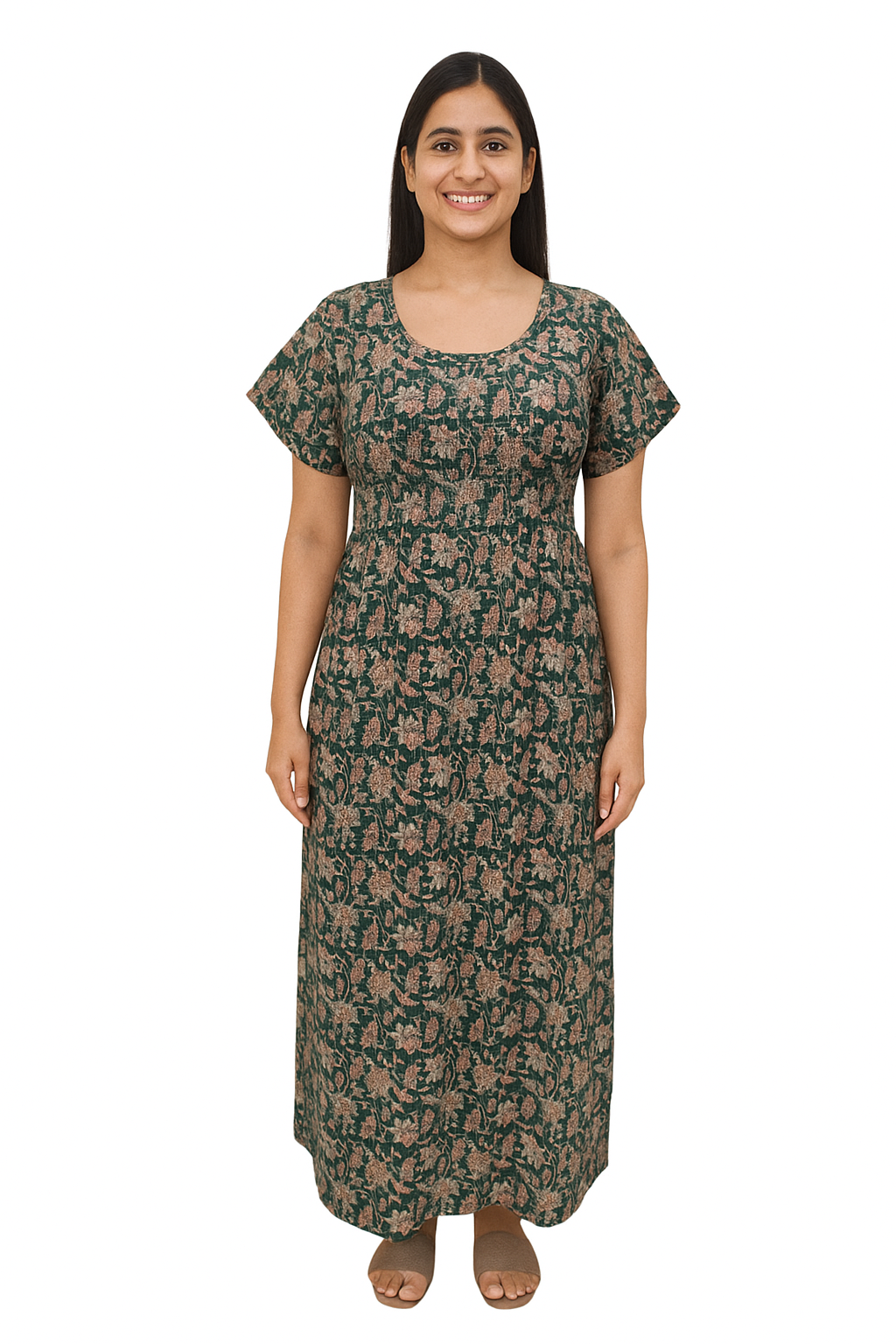 Smocking Gown – Frock Pattern, Floral Print (100% Cotton) – Dark Green, Mustard & Dark Blue - 601 - E