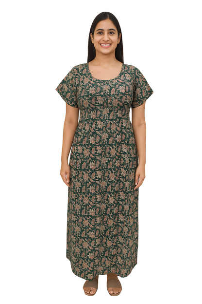 Smocking Gown – Frock Pattern, Floral Print (100% Cotton) – Dark Green, Mustard & Dark Blue - 601 - E