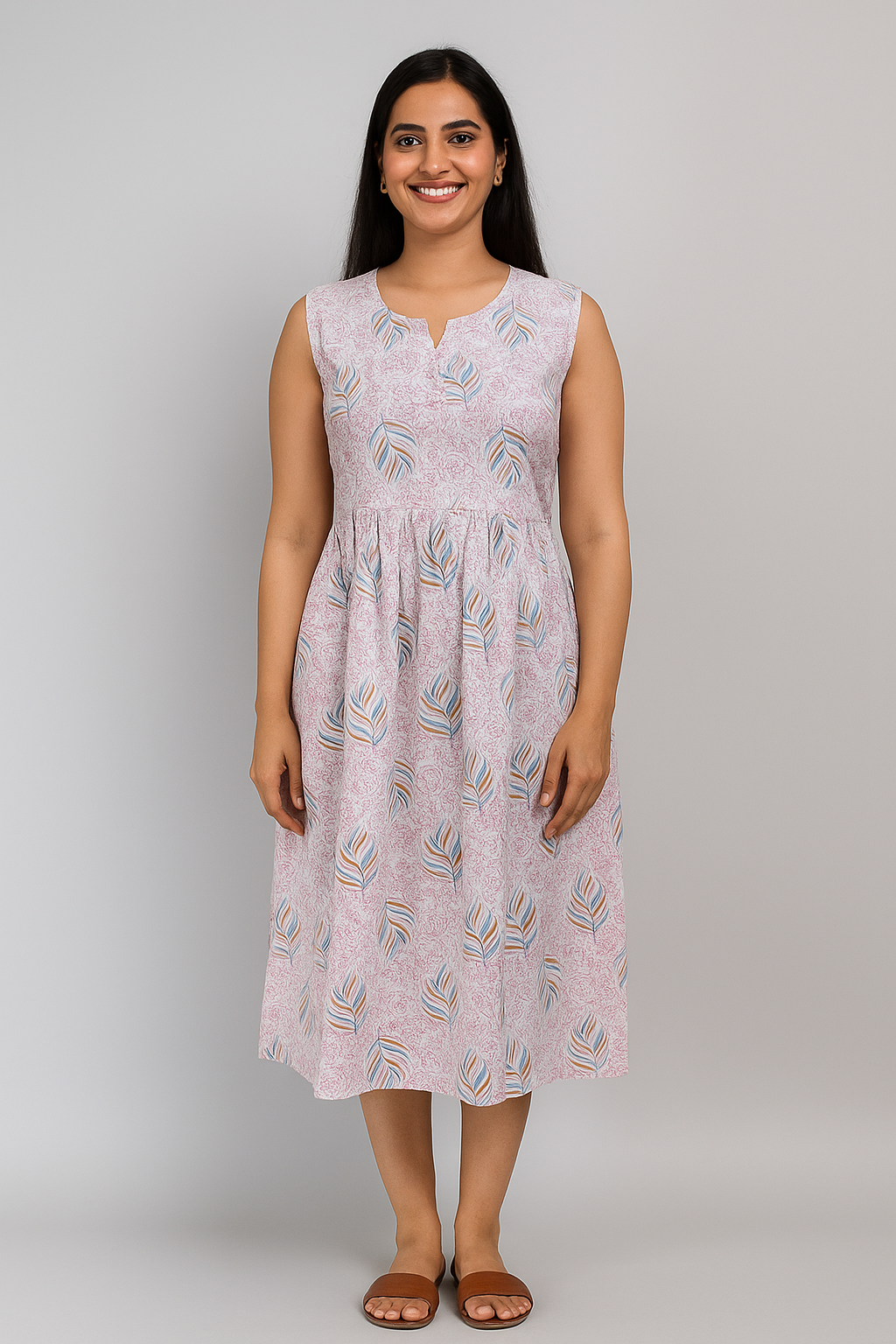 TUNIC PATTERN – PINK LEAF PRINT ON WHITE BASE - 201F