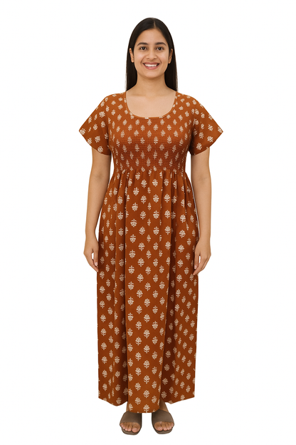 Smocking Gown – Frock Pattern, Small Floral Motif Print – Brown & Black - 601 - E