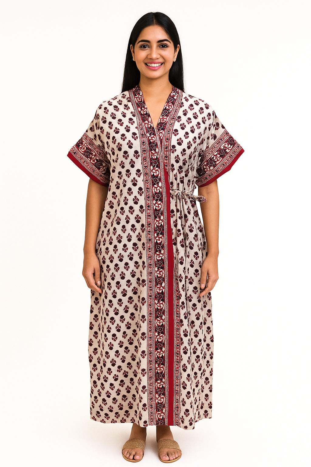 Wrap Gown – Full Length, Floral Buti Motif - Maroon on Cream Base -W502-A