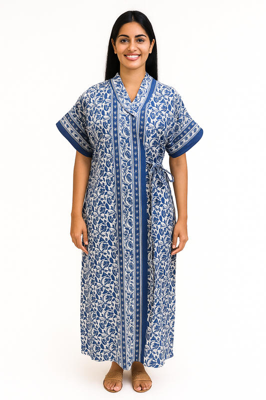 Wrap Gown – Full Length, Block Print - Blue &  Red W502- D