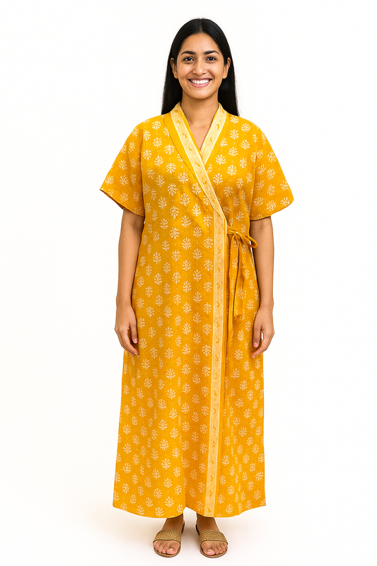 Wrap Gown – Full Length, Block Print - Mustard - Yellow, Blue & Red - W502-E