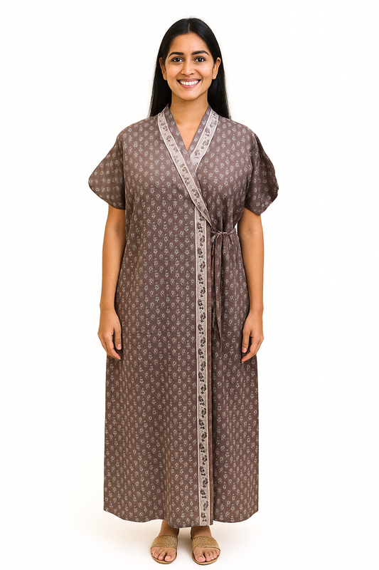 Wrap Gown – Full Length, Mini Floral Print - Coffee Brown & Dark Pink - W502-C