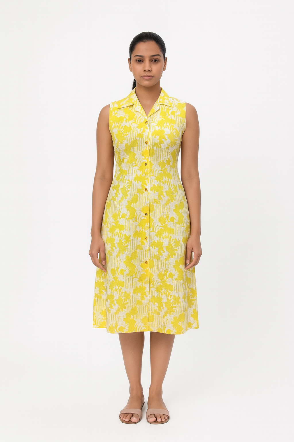 TUNIC COLLAR PATTERN LEAF PRINT - YELLOW 201Fa
