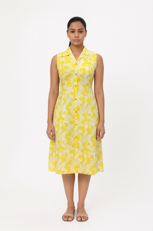 TUNIC COLLAR PATTERN LEAF PRINT - YELLOW 201Fa