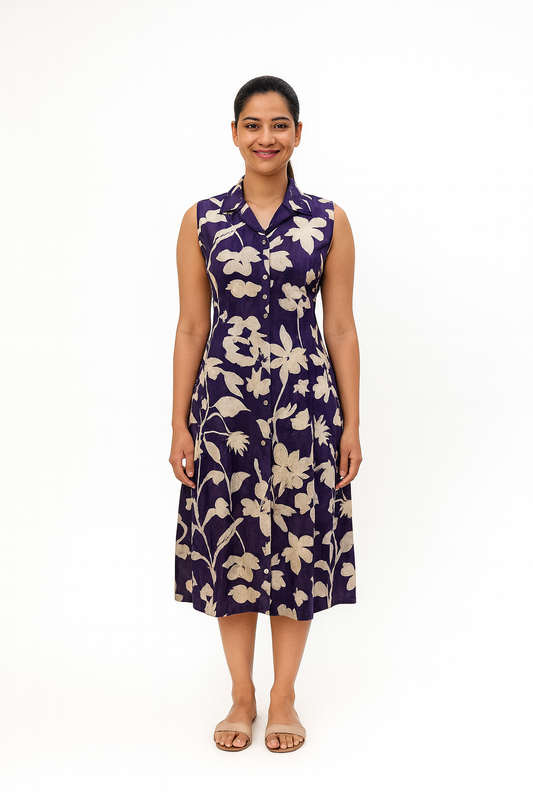 TUNIC COLLAR PATTERN BLOTTED FLORAL - PURPLE 201Fa