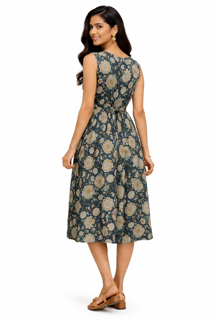 TUNIC PATTERN BOTANICAL FLORAL PRINT - BOTTLE GREEN 201F