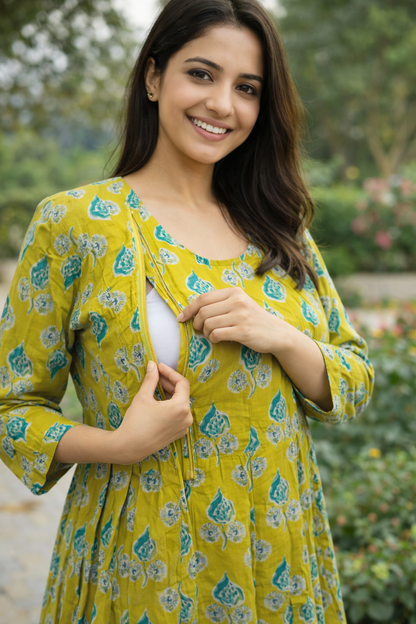 FEEDING GOWN - LEAF PRINT - LEMON GREEN - FGH17