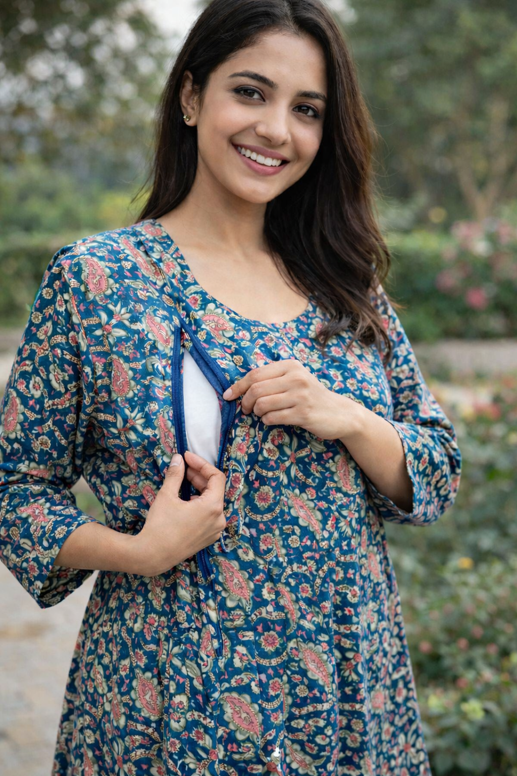 FEEDING GOWN - PAISLEY AND FLORAL VINE PRINT - BLUE, DARK GREEN & RED FGH03