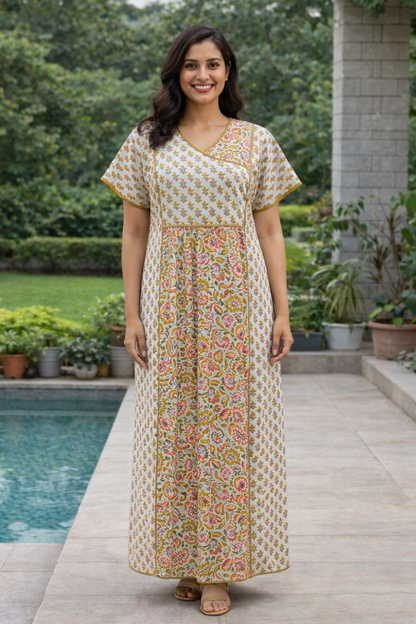 A - LINE BELT PATTERN - FLORAL PRINT - BLUE, MUSTARD, PINK & DARK PINK ON CREAM BASE - 550B04