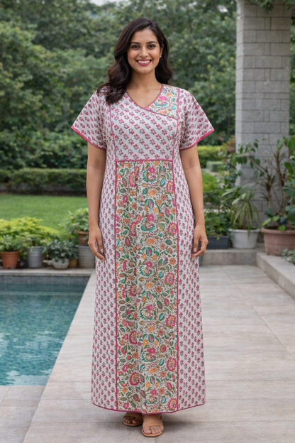 A - LINE BELT PATTERN - FLORAL PRINT - BLUE, MUSTARD, PINK & DARK PINK ON CREAM BASE - 550B04