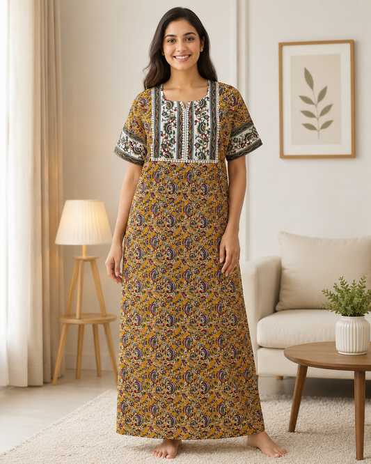 A - line Gown - Dense Paisley -Floral Jaal print - Yellow, Maroon, Black & Blue - 550AL23