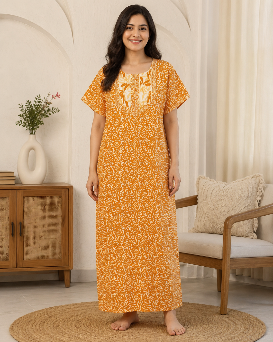A - line Gown - white ethnic floral and abstract print- Pink & Amber yellow - 550A21