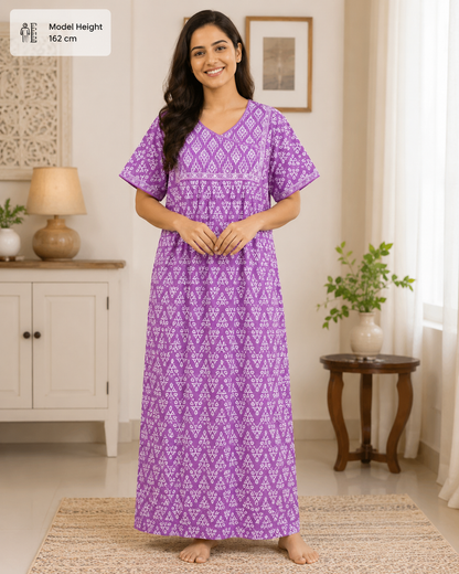 A - line Angrakha pleated pattern XL - Geometric floral print - Lilac, Crimson & lime-green & Sea Green - 650AS06