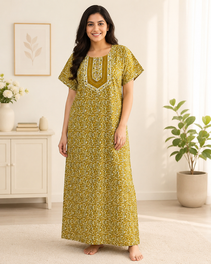 A - line Gown - Kalamkari  print- Pink & Yellowish Olive - 550AK26