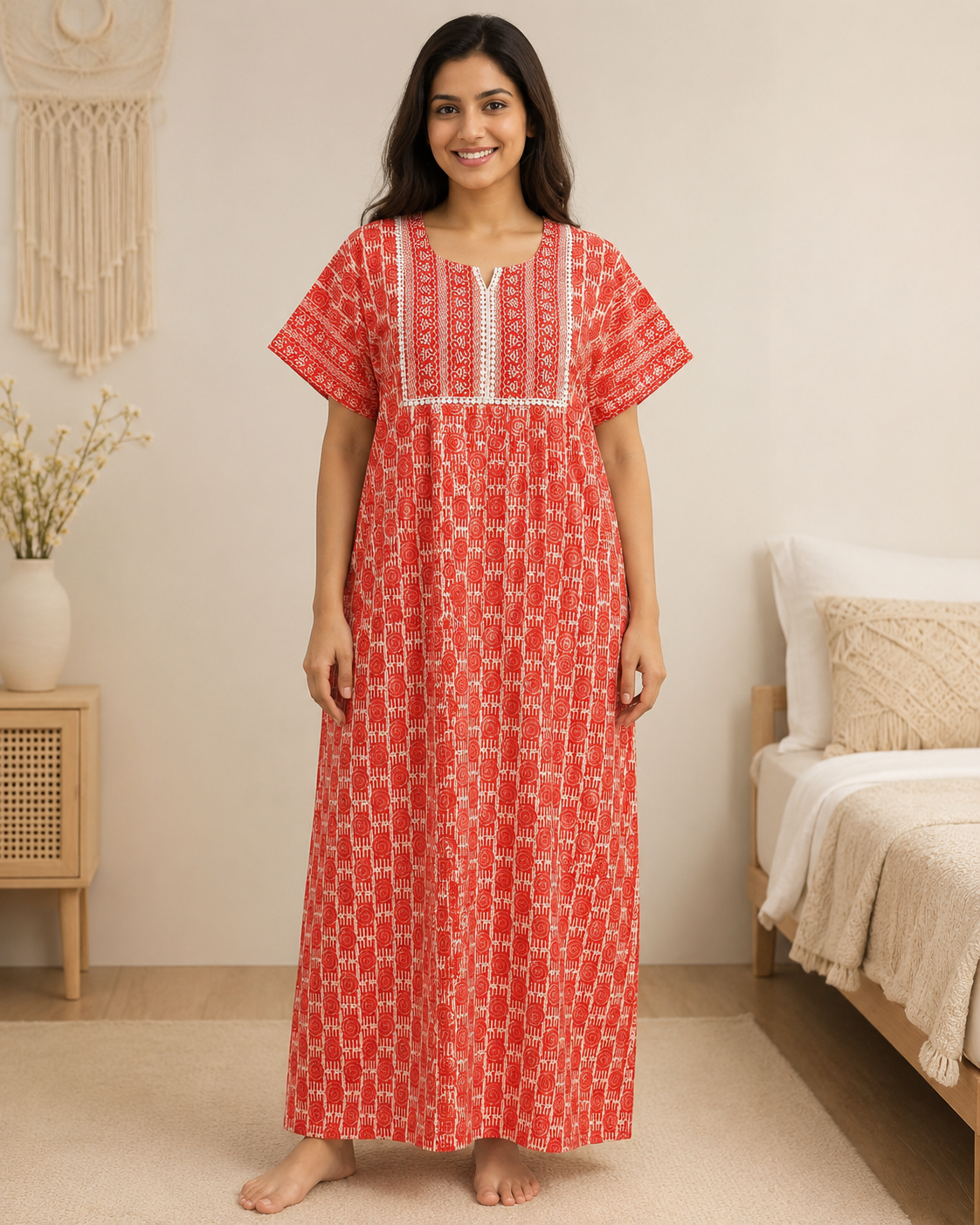 A - line Gown - Geometric Block print - Teal Green, Grey & Orange - 550AL25