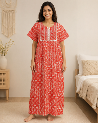 A - line Gown - Geometric Block print - Teal Green, Grey & Orange - 550AL25
