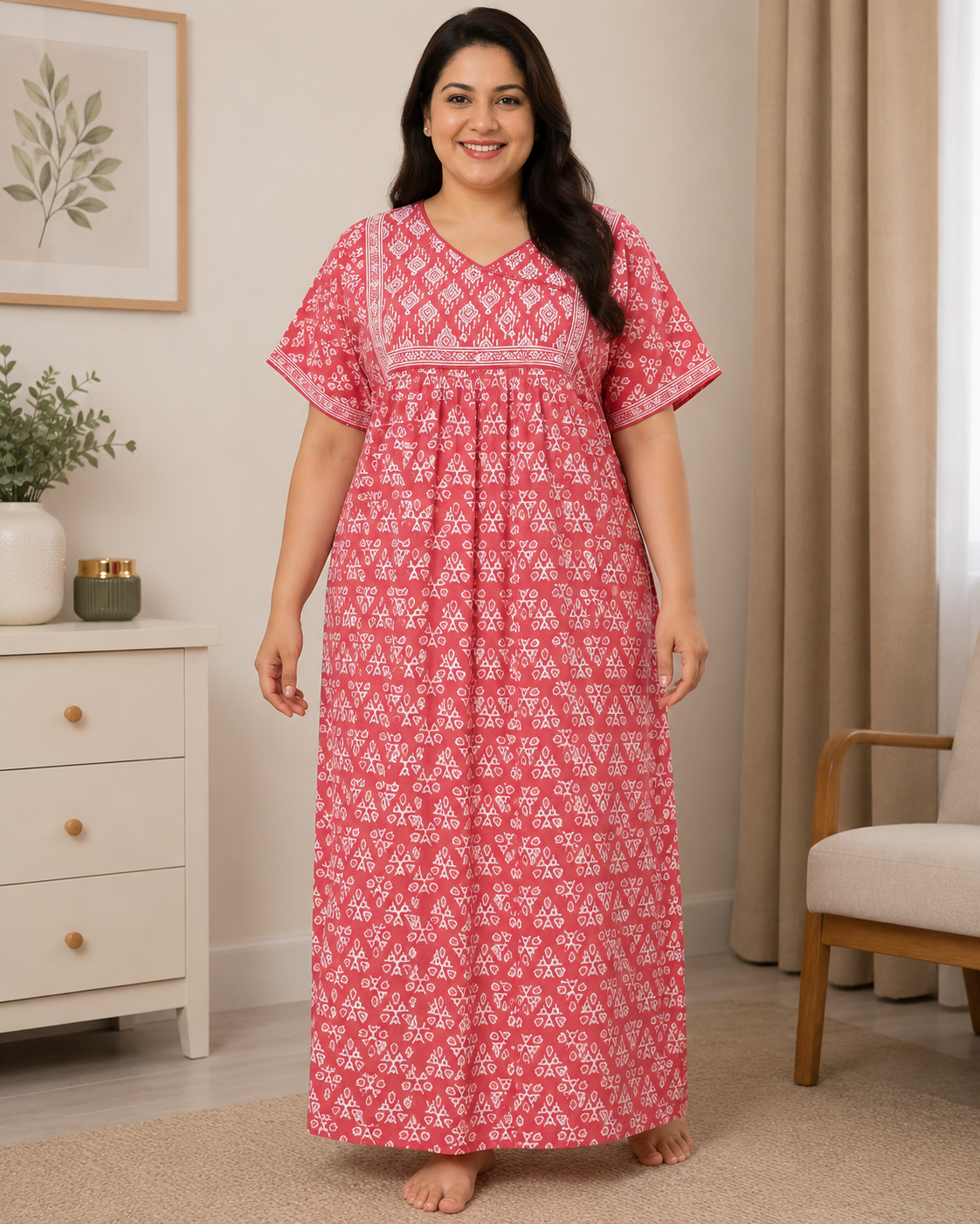 A - line Angrakha pleated pattern XL - Geometric floral print - Lilac, Crimson & lime-green & Sea Green - 650AS06