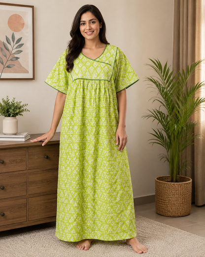 A - line Angrakha pleated pattern XL - Geometric floral print - Lilac, Crimson & lime-green & Sea Green - 650AS06