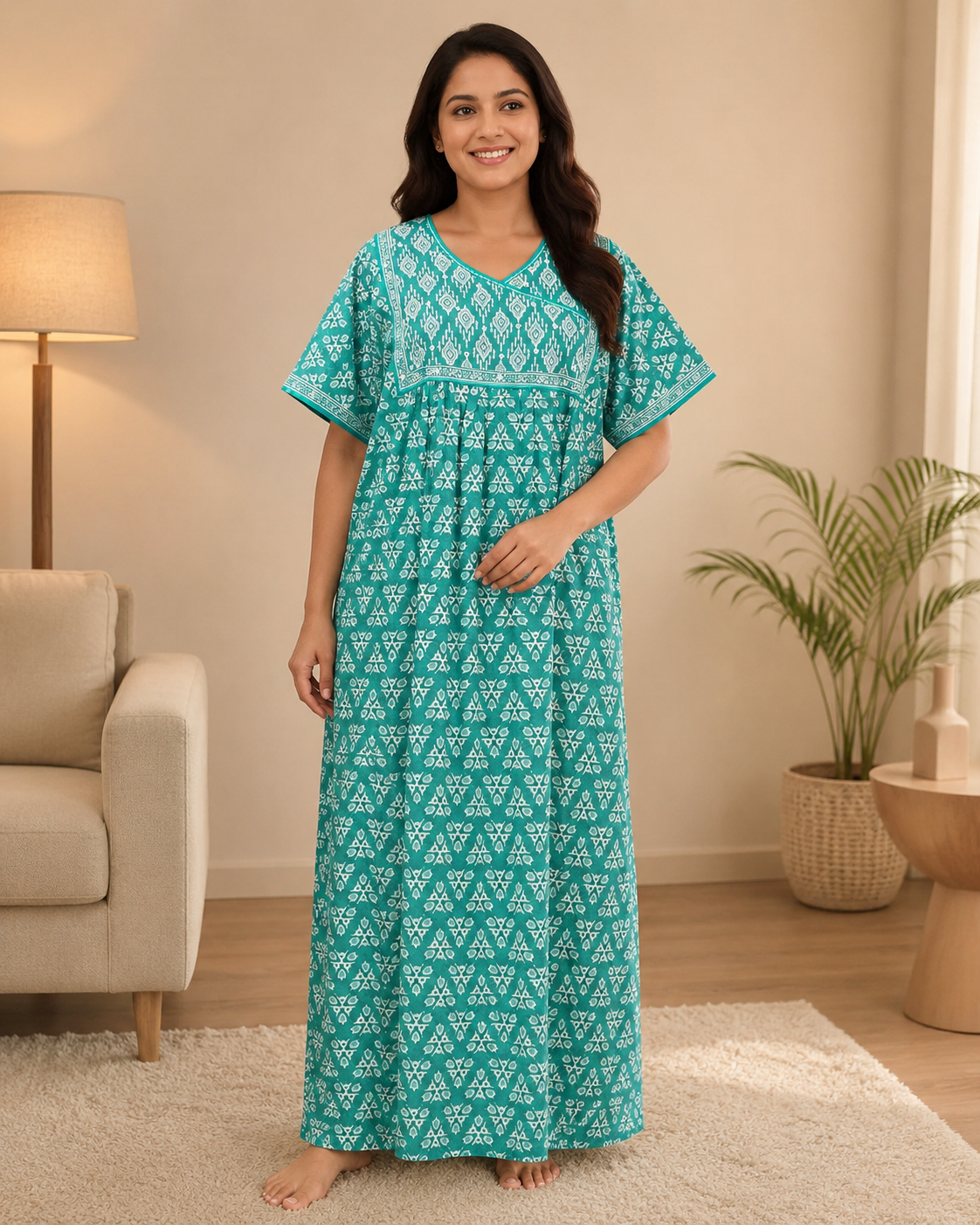 A - line Angrakha pleated pattern XL - Geometric floral print - Lilac, Crimson & lime-green & Sea Green - 650AS06