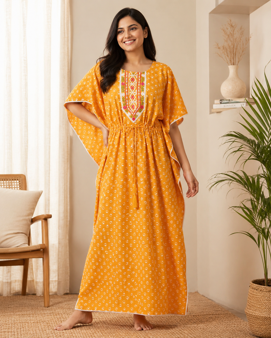 Khaftan – Full Length, Floral Buti Motif - Yellow & Peach - 610F