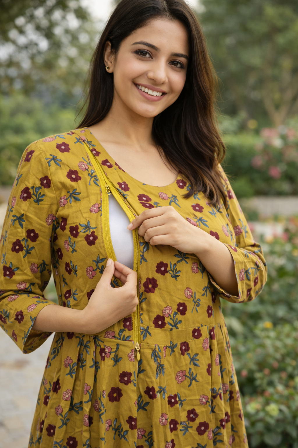 FEEDING GOWN - RED MOTIF PRINT - MUSTARD - FGH18