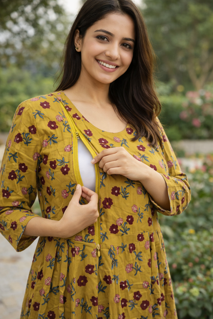 FEEDING GOWN - RED MOTIF PRINT - MUSTARD - FGH18