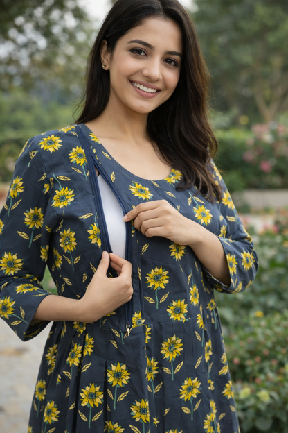 FEEDING GOWN - FLORAL PRINT - NAVY BLUE - FGH19