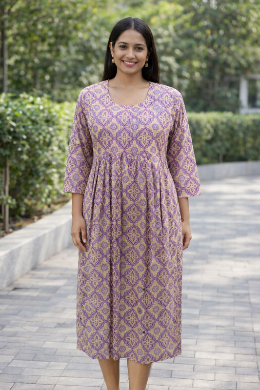 FEEDING GOWN - GEOMETRICAL-FLORAL PRINT - VIOLET - FGH21