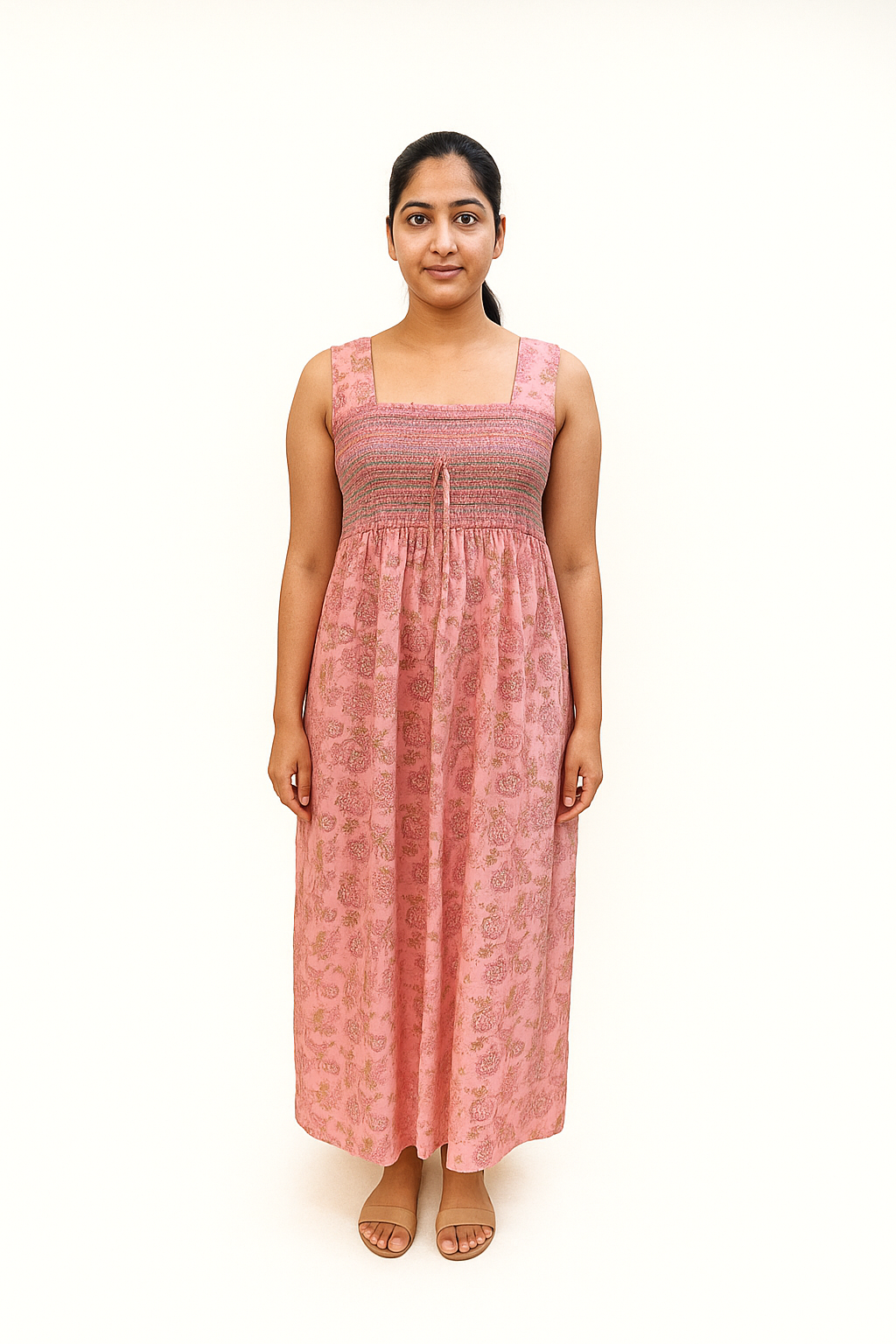 Smocking Sleeveless Gown - Cotton Kalamkari Pink - 601B