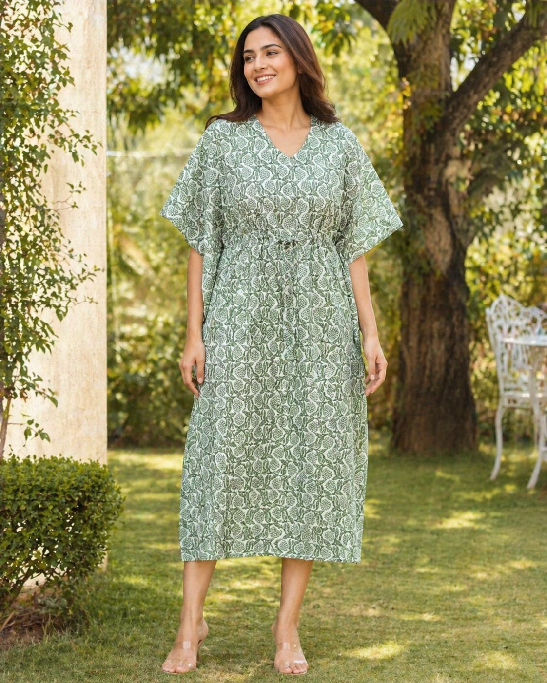 Half Khaftan – Raspberry print - Pastel Green - SK12