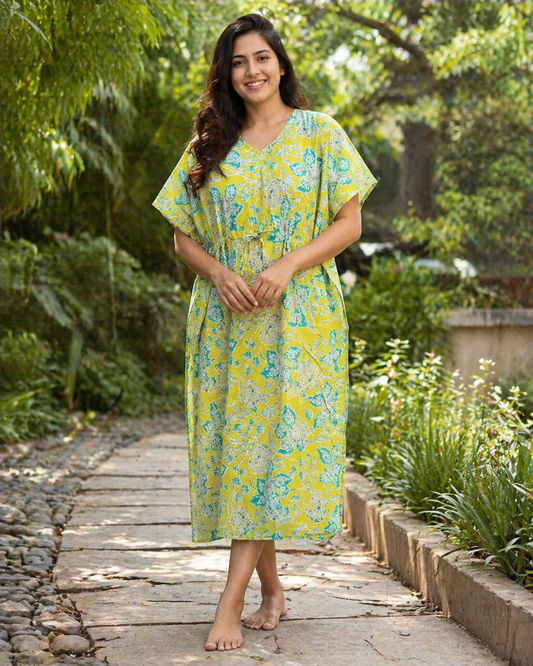 Half Khaftan – Big floral print - Neon yellow- SK18