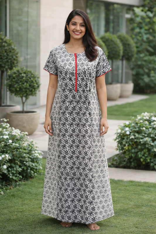 A - LINE NIGHTY XL- LEAF PRINT - BLACK-CREAM COMBINATION - 650A04