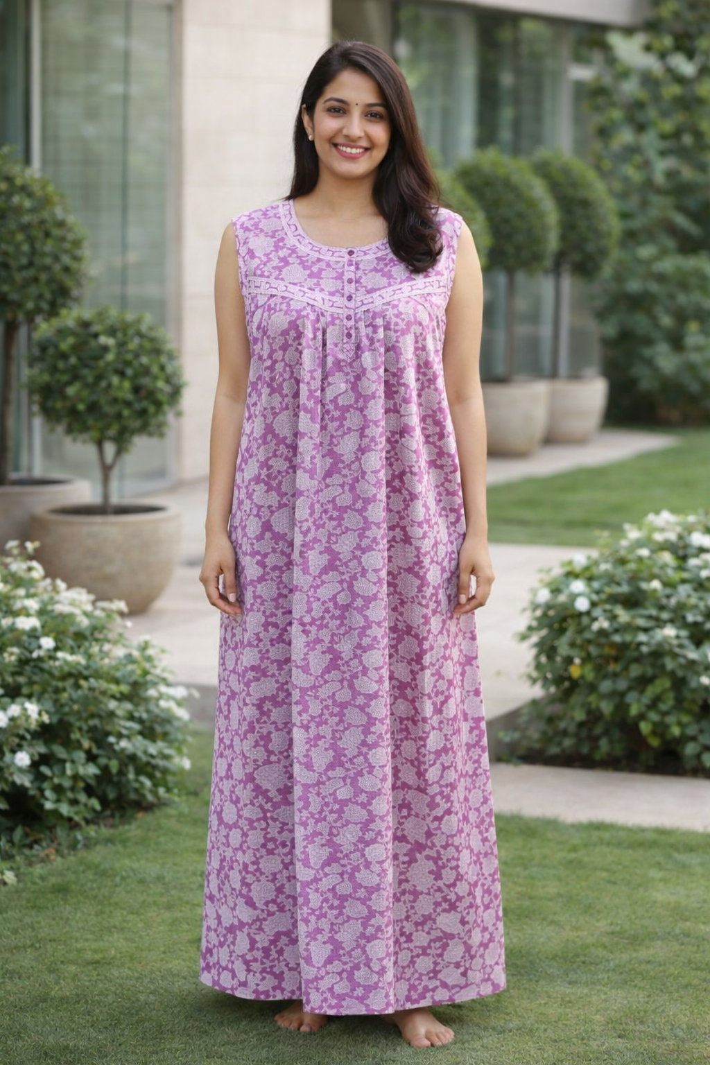 SLEEVELESS FULL LENGTH REGULAR NIGHTY - KOIRI PRINT- LILAC, TEAL GREEN, PASTEL PINK & LIME GREEN - 406Ae XL